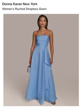 Donna Karan Sky Blue Strapless Ruched Evening Gown